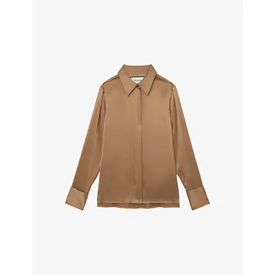Reiss Womens  Ameira Concealed-placket Silk Shirt In Brown