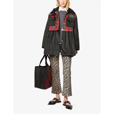 Barbour X Ganni Waxed Tartan Peplum Coat In Black