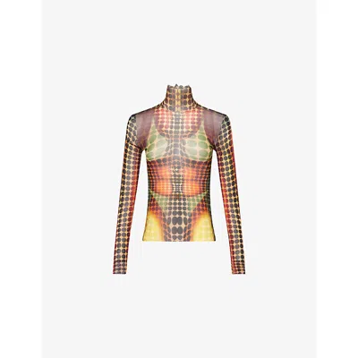 Jean Paul Gaultier Womens  High-neck Graphic-pattern Mesh Top In Brown
