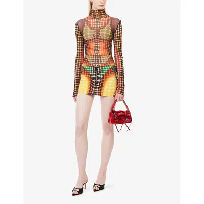 Jean Paul Gaultier Womens  High-neck Graphic-pattern Mesh Top In Brown