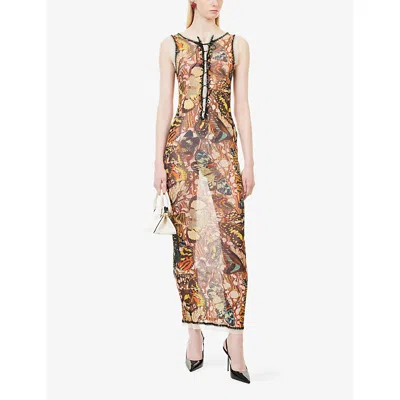 Jean Paul Gaultier Printed Lace-trimmed Mesh Maxi Dress In Yellow Multicolor