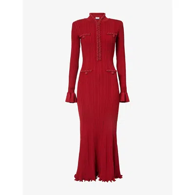 Self-portrait Button-embellished Ribbed-knit Midi Dress In Burgundy