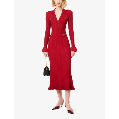 Self-portrait Button-embellished Ribbed-knit Midi Dress In Burgundy