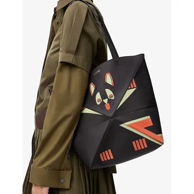 Loewe Womens  Puzzle Futurist Cat Medium Leather Tote Bag In Brown