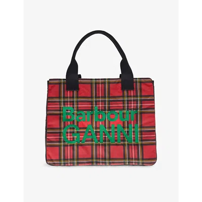 Barbour Womens  X Ganni Logo-embroidery Check-print Waxed Cotton Tote Bag
