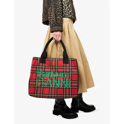 Barbour Womens  X Ganni Logo-embroidery Check-print Waxed Cotton Tote Bag