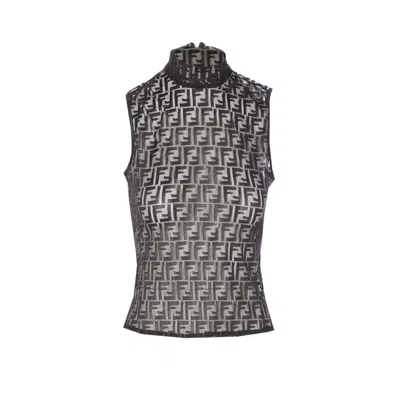 Fendi Women Black Crewneck Sleeveless Top With All-over Ff Motif And Rear Zip Closure In Tech Fabric In Black