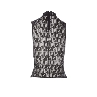Fendi Women Black Crewneck Sleeveless Top With All-over Ff Motif And Rear Zip Closure In Tech Fabric In Black