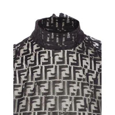 Fendi Women Black Crewneck Sleeveless Top With All-over Ff Motif And Rear Zip Closure In Tech Fabric In Black