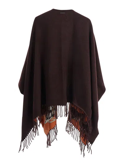 Ferragamo Women Brown Cape With Fringed Hem In Wool And Cashmere Woman In Multi