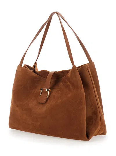 Ferragamo Women Brown Shoulder Bag With Two Top Handles And Gancini Plaque On The Front In Suede Wom In Brown