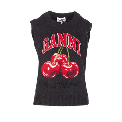 Ganni Sleeveless Intarsia Knit Crew Neck Top In Black