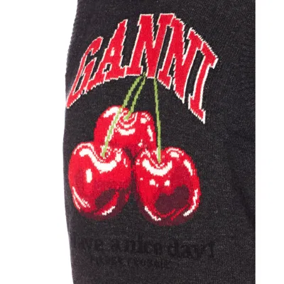 Ganni Sleeveless Intarsia Knit Crew Neck Top In Black