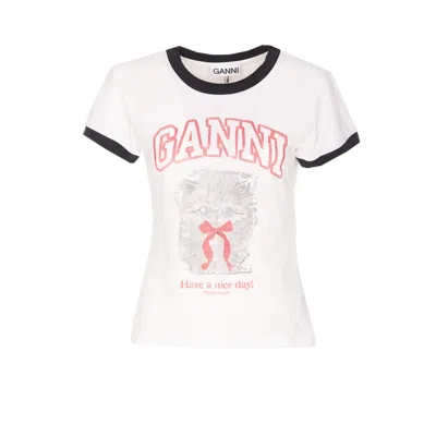 Ganni Women White Crewneck T-shirt With Maxi Print On The Front In Cotton Woman In Multi