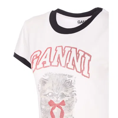 Ganni Women White Crewneck T-shirt With Maxi Print On The Front In Cotton Woman In Multi
