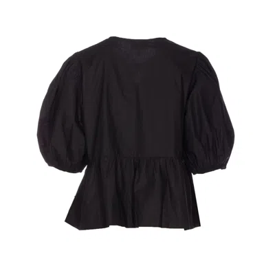 Ganni Poplin Front-tie Peplum Blouse With Puffed-sleeves In Black