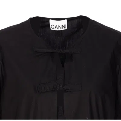 Ganni Poplin Front-tie Peplum Blouse With Puffed-sleeves In Black