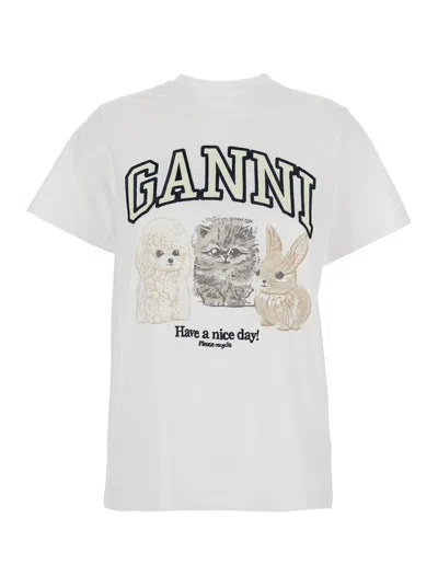 Ganni Women White Crewneck T-shirt With Maxi Logo On The Front In Cotton Woman In Multi