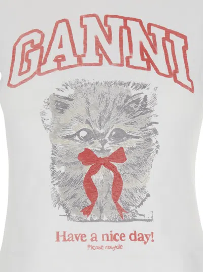 Ganni Women White Crewneck T-shirt With Maxi Print On The Front In Cotton Woman In Multi