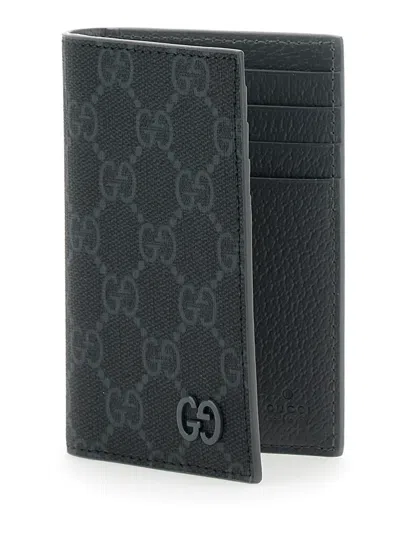 Gucci Men Black Card Holder With All-over Gg Motif And Logo On The Front In Fabric Man