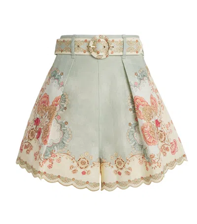 Zimmermann Daylight Multicolor Shorts With Belt On The Front And All-over Floral Motif In Linen Woman In Multi
