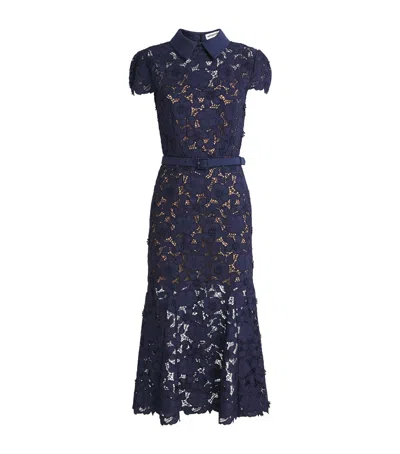 Self-portrait Guipure Blue Long Dress With Lace Design And Adjustable Waist Belt In Fabric Woman In Blue