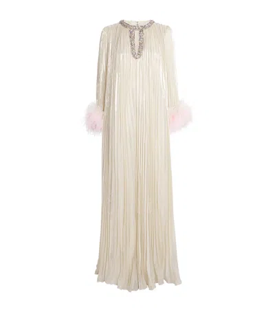 Self-portrait Silk-blend Feather-trim Maxi Dress In Neutral