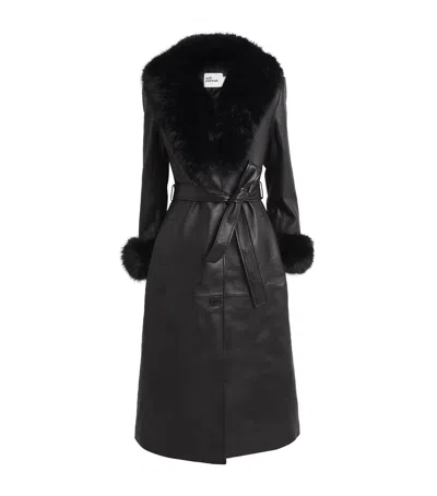 Self-portrait Leather Faux Fur-trim Coat In Black