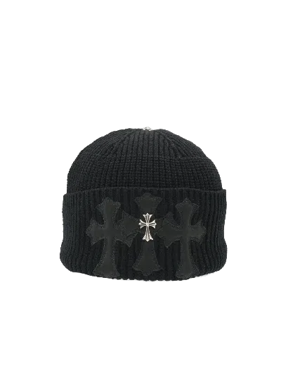 Pre-owned Chrome Hearts Triple Leather Cross With Silver Cross Beanie In Black