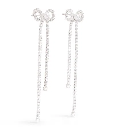 Self-portrait Crystal And Faux Pearl Bow Drop Earrings In White