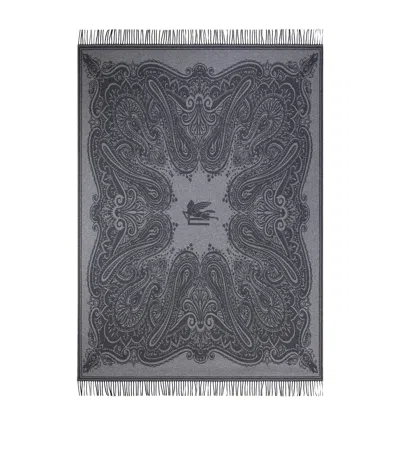 Etro Wool-cashmere Fringed Alocasia Throw In Gray