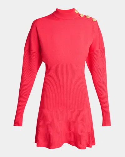 Balmain Button-shoulder Batwing-sleeve Mini Sweater Dress In Pink