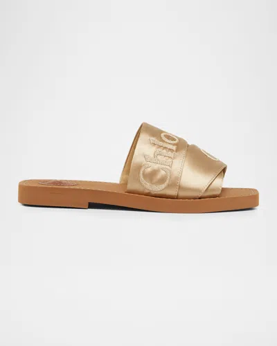 Chloé Woody Satin Flat Logo Ribbon Slide Sandals In Brown