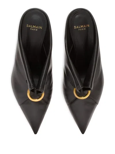 Balmain Lambskin Leather Mules With Front Piercing In Black