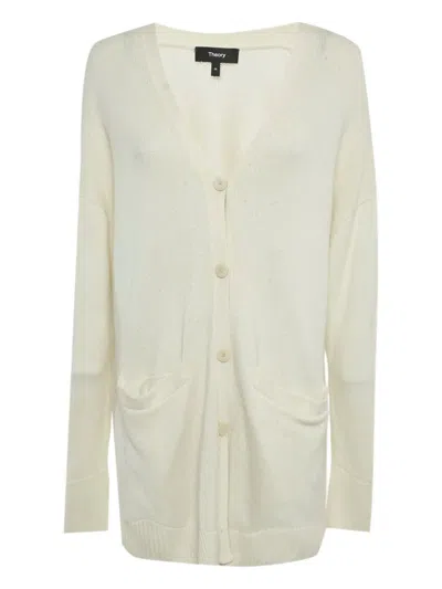 Pre-owned Theory Patch-detail Ribbed-knit Cardigan In Neutral