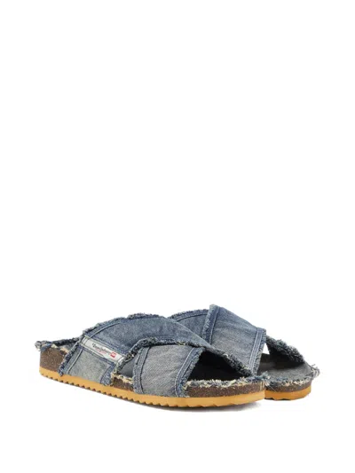 Diesel D-woodstock Cross Frayed Sandals In Blue