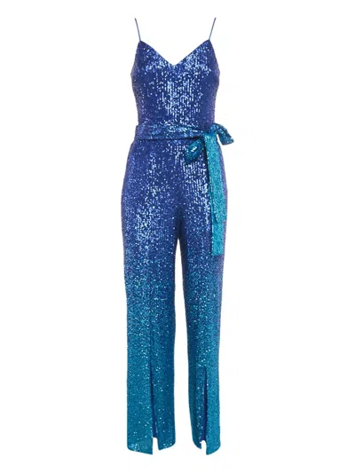 Pre-owned Dress The Population Black Label Sleveeless Sequin-embellishment Belted Jumpsuit In Blue