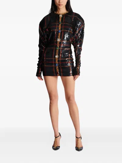 Balmain Sequin-embellished Plaid Dress In Multi