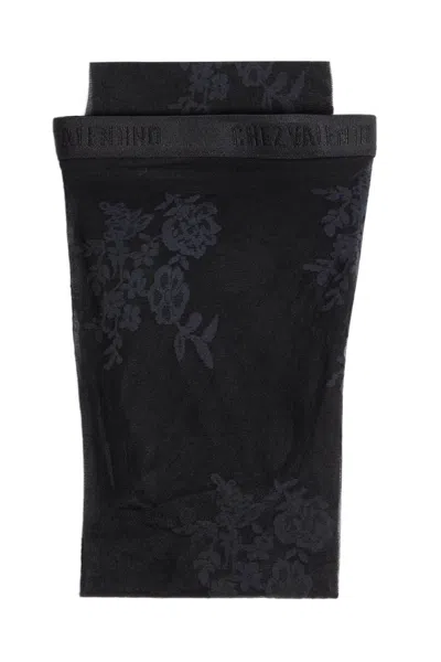 Valentino Sheer Floral Pattern Lycra Tights With Elastic Waistband In Black