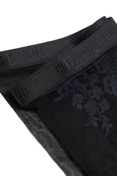 Valentino Sheer Floral Pattern Lycra Tights With Elastic Waistband In Black