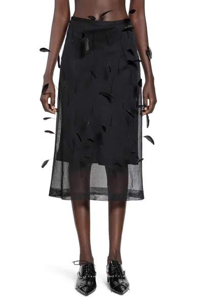 Jil Sander Superfine Silk Midi Skirt With Feathers In Black
