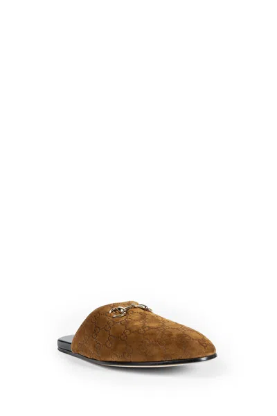 Gucci Men Brown Mule With Horsebit On The Front And All-over Gg Motif In Suede Man In Brown