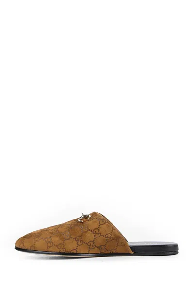 Gucci Men Brown Mule With Horsebit On The Front And All-over Gg Motif In Suede Man In Brown