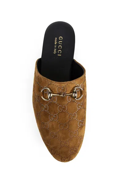 Gucci Men Brown Mule With Horsebit On The Front And All-over Gg Motif In Suede Man In Brown