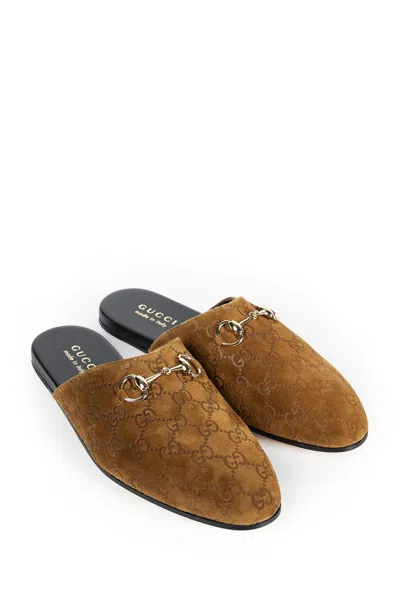 Gucci Men Brown Mule With Horsebit On The Front And All-over Gg Motif In Suede Man In Brown
