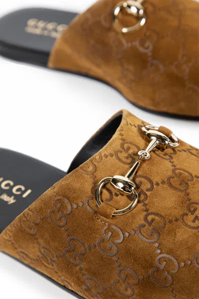 Gucci Men Brown Mule With Horsebit On The Front And All-over Gg Motif In Suede Man In Brown