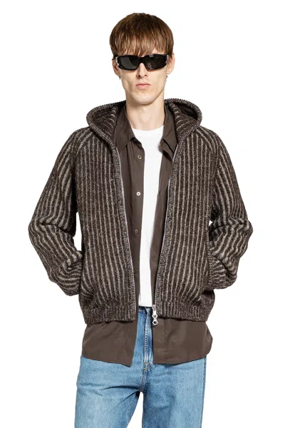 Our Legacy Mens Level Ribbed Wool Hoodie Vanise Brown Stripe In Gray
