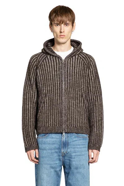 Our Legacy Mens Level Ribbed Wool Hoodie Vanise Brown Stripe In Gray