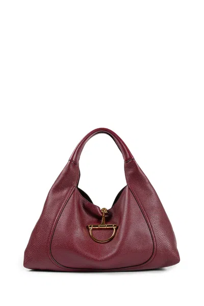 Gucci Women Bordeaux Shoulder Bag With Horsebit Closure In Grained Leather Woman In Red