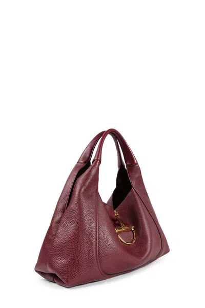 Gucci Women Bordeaux Shoulder Bag With Horsebit Closure In Grained Leather Woman In Red